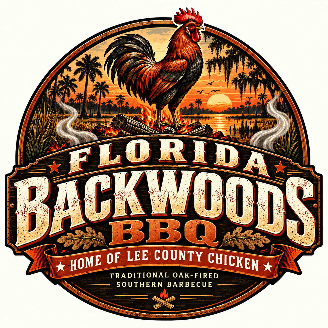 Florida Backwoods BBQ emblem with a rooster, Florida sunset, and Home of Lee County Chicken banner